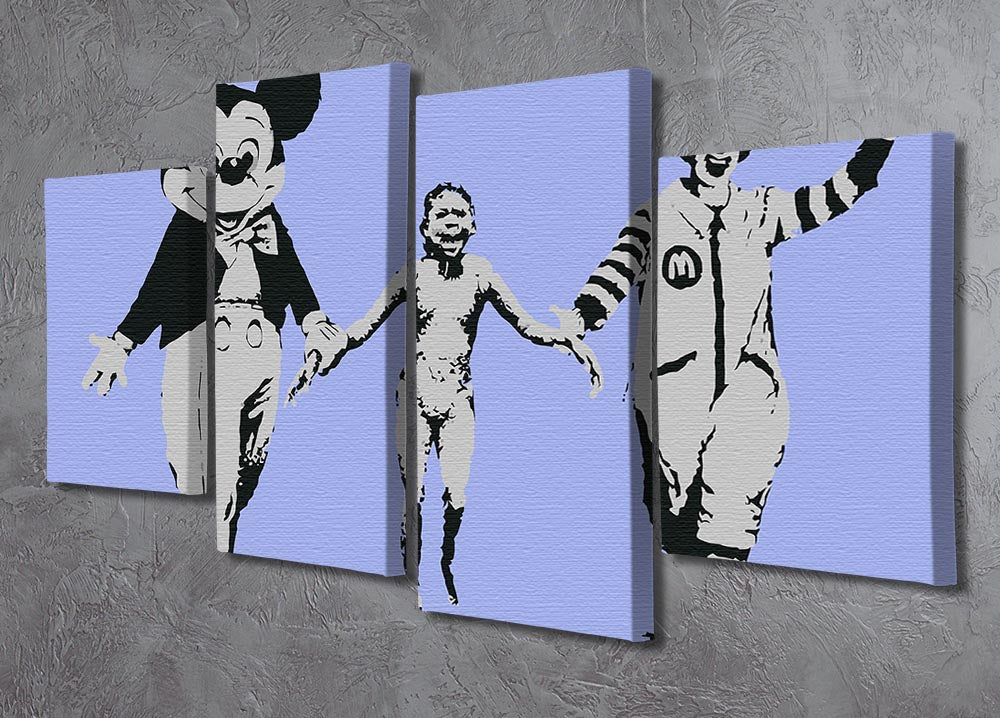 Banksy Mickey and Ronald Blue 4 Split Panel Canvas artwork featuring iconic characters on a vibrant blue background, divided into four panels.